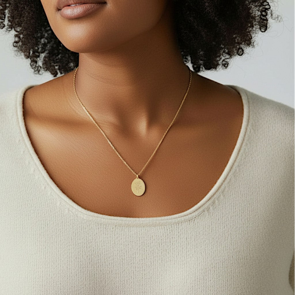 Etched Rose Pendant Gold Necklace